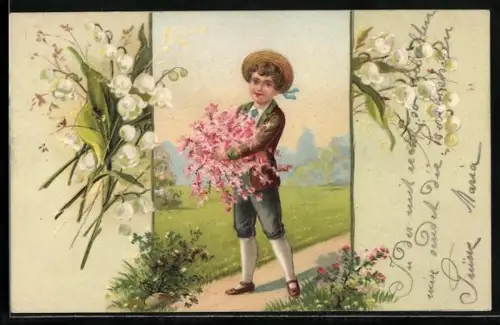 AK Junge mit Blumen zum Pfingsten