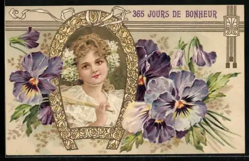 Präge-AK Blondes Mädchen umringt von Stiefmütterchen