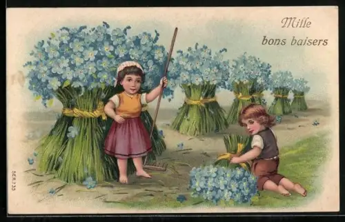 Präge-AK Zwei Kinder bei der Ernte von Vergissmeinnicht