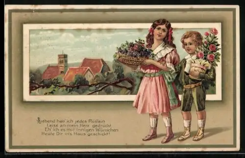 Präge-AK Zwei Kinder mit Korb voller Blumen und einem Rosenstrauss