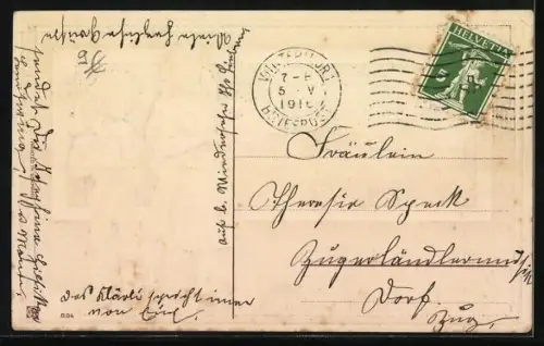 Präge-AK Zwei Kinder mit Korb voller Blumen und einem Rosenstrauss