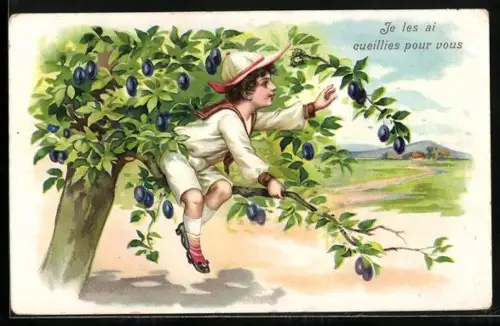 Präge-AK Junge sitzt auf einem Pflaumenbaum