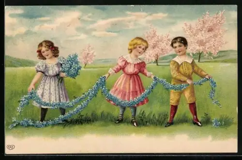 Präge-AK Drei Kinder mit Girlande aus Vergissmeinnicht