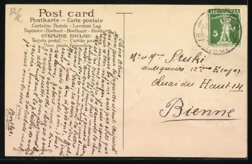 Präge-AK Drei Kinder mit Girlande aus Vergissmeinnicht