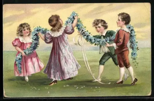 Präge-AK Vier Kinder mit einer Girlande aus Vergissmeinnicht