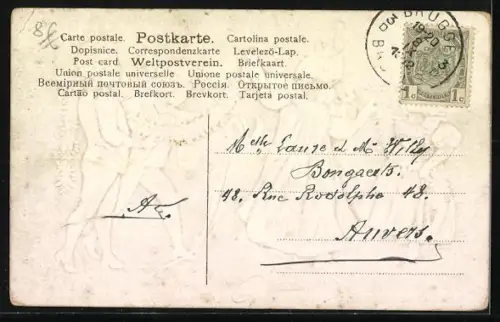 Präge-AK Vier Kinder mit einer Girlande aus Vergissmeinnicht