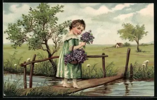 Präge-AK Kind auf einer kleinen Brücke mit einem Korb voller Veilchen