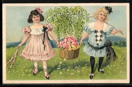 Präge-AK Zwei Kinder tragen einen Korb voller Rosen