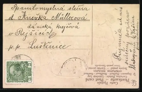 Präge-AK Zwei Kinder mit Hüten tragen einen Korb voller Vergissmeinnicht