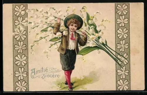 Präge-AK Junge trägt riesige Maiglöckchen