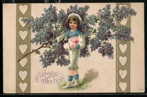 Präge-AK Junge im Matrosenanzug trägt einen Flieder-Ast