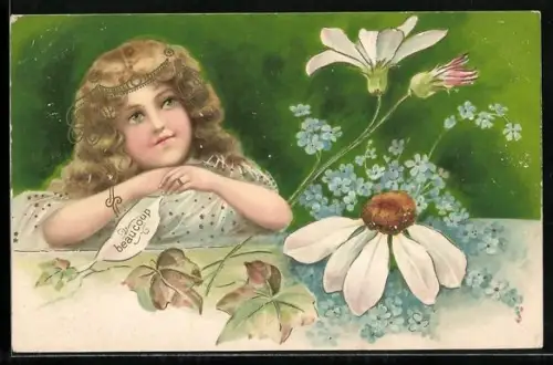 AK Mädchen mit Blumen