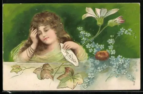 AK Trauriges Mädchen mit Blütenblatt Pas du tout, Jugendstil