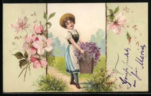 Präge-AK Mädchen trägt einen Korb voller Veilchen