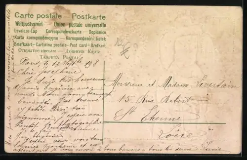 Präge-AK Zwei Kleinkinder mit Girlanden aus Vergissmeinnicht