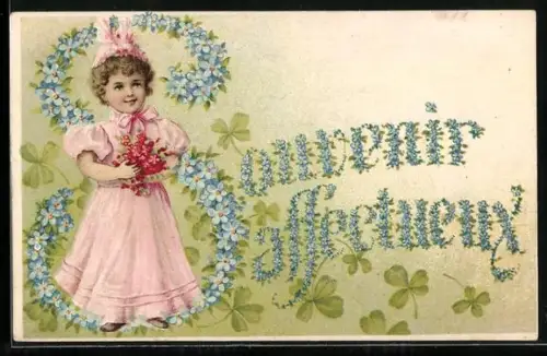 Präge-AK Kind in rosafarbenem Kleid umringt von Vergissmeinnicht