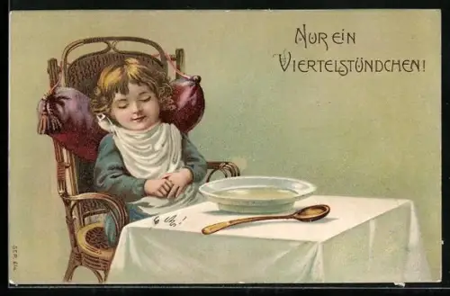 Präge-AK Kind macht nach dem Essen ein kleines Nickerchen