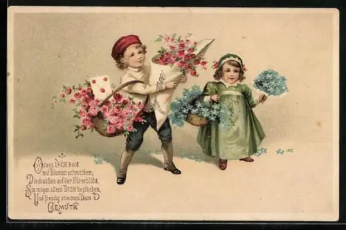 Präge-AK Zwei Kinder mit Rosen und Vergissmeinnicht