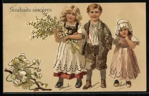 Präge-AK Drei Kinder überbringen lächelnd blühende Zweige