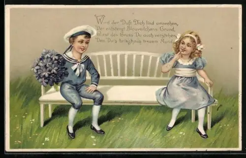 Präge-AK Junge im Matrosenanzug und einem Strauss Veilchen teilt sich eine Bank mit einem Mädchen