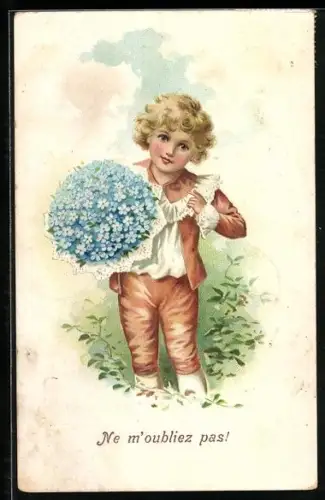 Präge-AK Kind mit einem Strauss Vergissmeinnicht bittet darum, nicht vergessen zu werden