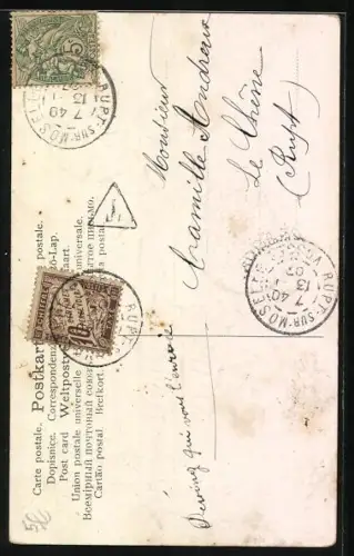 Präge-AK Kind mit einem Strauss Vergissmeinnicht bittet darum, nicht vergessen zu werden