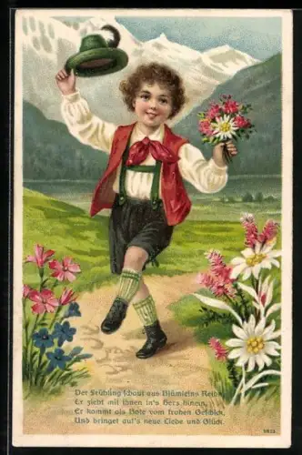 Seiden-Präge-AK Junge spaziert mit Blumenstrauss auf dem Weg, Edelweiss