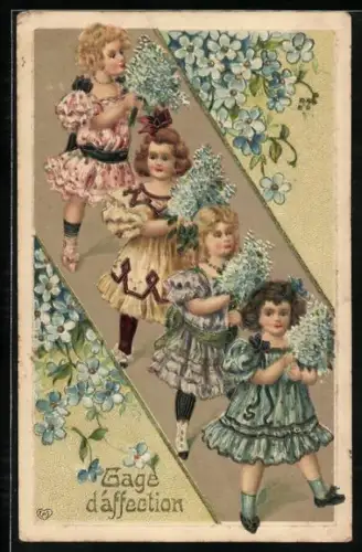 Präge-AK Kinder flanieren mit Vergissmeinnicht-Sträussen