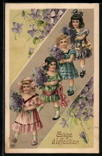 AK Bonne Année, Mädchen mit Blumensträussen und Veilchen