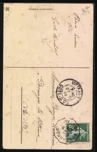 Präge-AK Junge pflückt unter einem Regenbogen Flieder