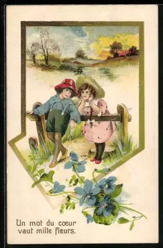 Präge-AK Zwei Kinder auf einem abendlichen Feld