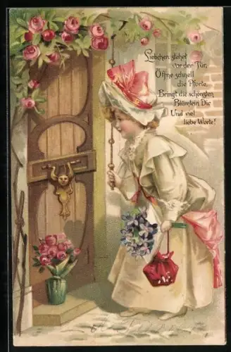 AK Mädchen im Kleid wartend vor Haustüre, Geburtstag