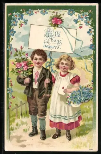 Präge-AK Zwei Kinder überbringen einen Strauss Rosen und einen Korb mit Vergissmeinnicht