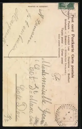 Präge-AK Zwei Mädchen füllen einen Korb mit Rosen