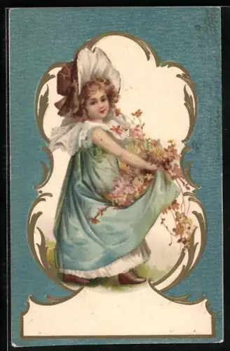 Präge-AK Mädchen trägt mit ihrem Kleid Blumen umher