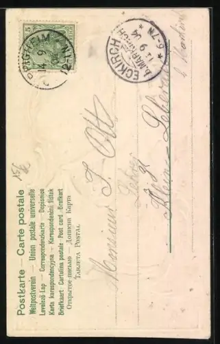 Präge-AK Mädchen trägt mit ihrem Kleid Blumen umher