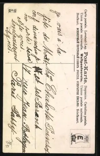 Präge-AK Mädchen mit roter Jacke trägt einen Brief und einen Blumenstrauss