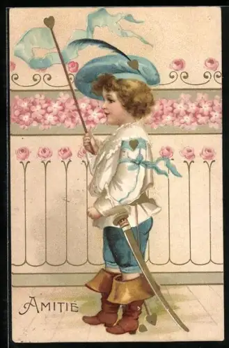 Präge-AK Kind mit Säbel hält eine Fahne, Vergissmeinnicht