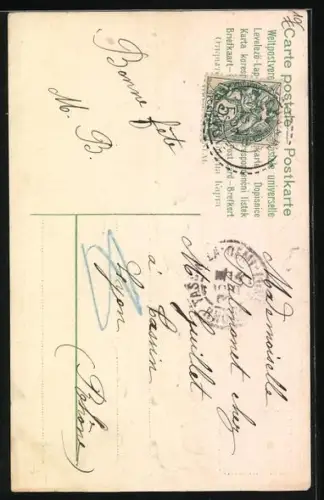 Präge-AK Kind mit Säbel hält eine Fahne, Vergissmeinnicht