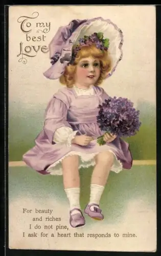 Präge-AK Blondes Mädchen mit einem Veilchenstrauss