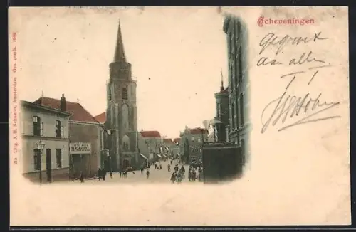 AK Scheveningen, Strassenpartie mit Kirche