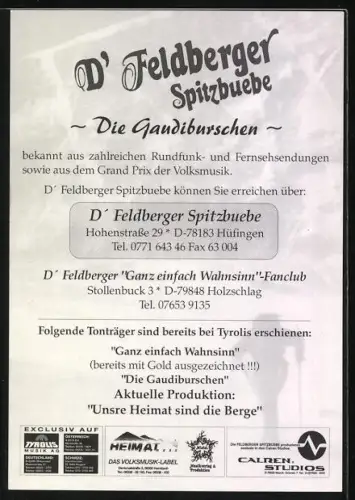 AK D`Feldberger Spitzbuebe, Gruppenfoto der Band mit Snowboard, Ski und Akkordeon, ausserdem mit Bärenverkleidung