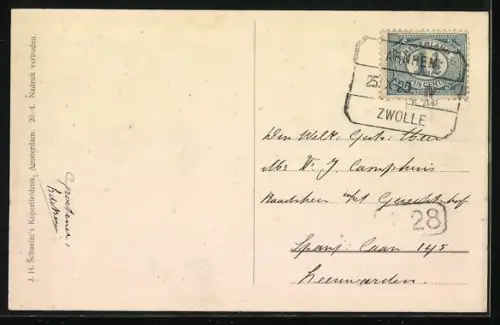 AK Deventer, Flusspartie mit Turmgebäude und Ruderboot