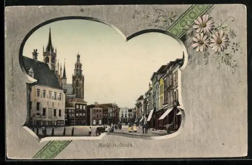 Lithographie Gouda, Markt, Margeriten, Passepartout