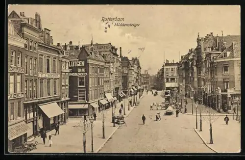 AK Rotterdam, Blick in die Strasse Middensteiger