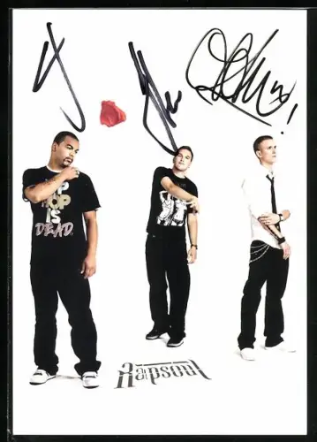 AK Musikergruppe Rapsoul vor hellem Hintergrund, Autograph