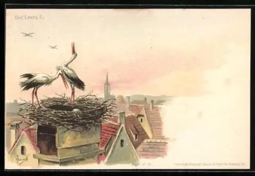 AK Das erste Ei, Zwei Störche im Nest