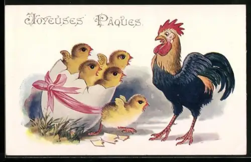 AK Huhn neben Küken in einem grossen Ei, Ostergruss
