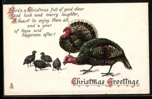 AK Truthahnpaar mit Küken, Weihnachtsgruss