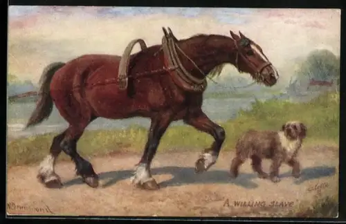 AK Arbeitspferd beim Ziehen einer Last, Hund